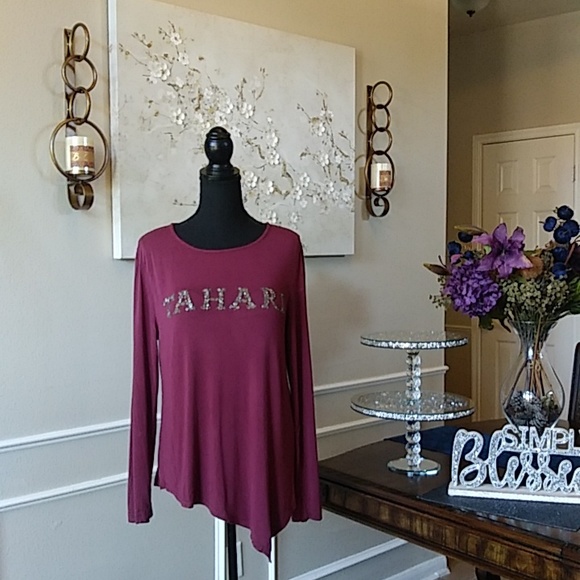 Burgundy Asymmetrical Long Sleeves Embellished Top By Tahari. Size L - Picture 4 of 17